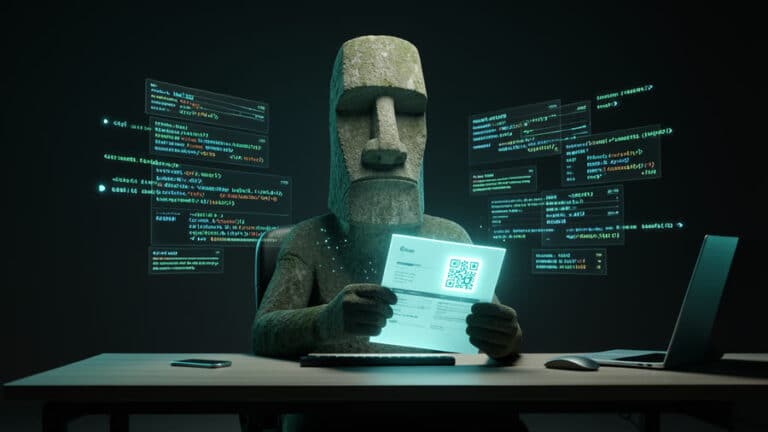 Moai-Figur mit digitaler E-Rechnung und XML-Datenströmen – TRIBAR E-Rechnung 2025